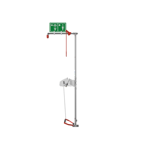 Justrite Hughes Emergency Shower and Eyewash Station, Floor Mounted Combination Unit with Closed ABS Bowl, Stainless Steel Pipe, Bottom Inlet