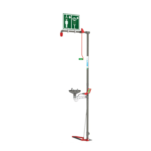 Justrite Hughes Emergency Shower and Eyewash Station, Floor Mounted Combination Unit with Open Stainless Steel Bowl, Stainless Steel Pipe, Top Inlet