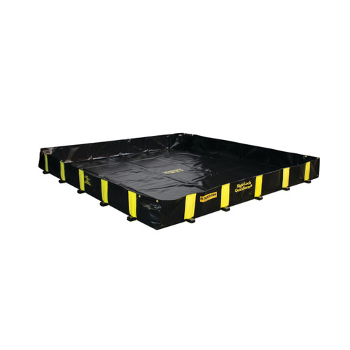 Justrite Rigid-Lock QuickBerm 8' x 8' x 12" Drive-Over Spill Containment Berm, 475 Gallon, Black, for Vehicle Access Oil & Chemical Spill Control, shown in black with yellow safety stripes.