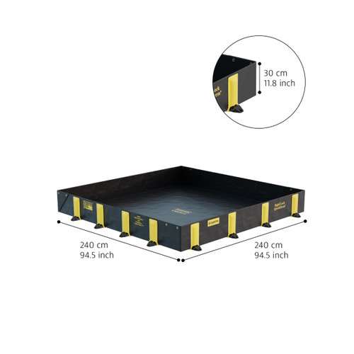 Justrite Rigid-Lock QuickBerm 8' x 8' x 12" Drive-Over Spill Containment Berm, 475 Gallon, Black, for Vehicle Access Oil & Chemical Spill Control, featuring a black rubber-like material with yellow locking latches and dimensions of 240 cm by 240 cm base with 12-inch height, designed for spill containment.