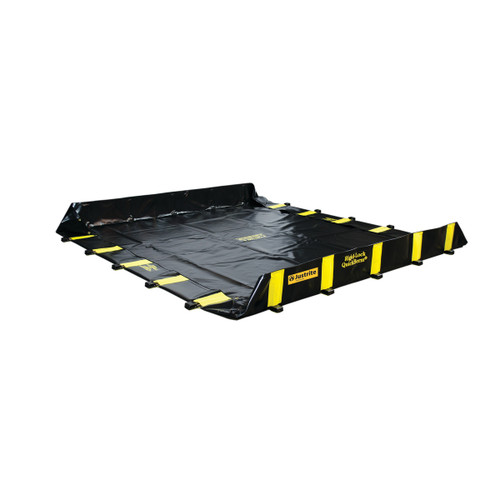 Justrite Rigid-Lock QuickBerm All-In-One 8' x 10' x 12" Drive-Over Spill Containment Berm, 595 Gallon, Black, for Vehicle Access Oil & Chemical Spill Control, portable black spill containment berm with yellow safety accents.