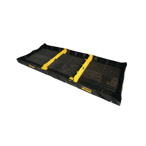 Justrite QuickBerm 6' x 16' x 8" 3-Zone Decontamination Spill Containment Berm, 478 Gallon Capacity, for Hazmat & Chemical Spill Cleanup, with black and yellow design and multiple compartments.