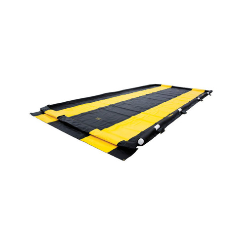 Justrite QuickBerm 10' x 18' x 4" Drive-Through Washdown Spill Containment Berm, 425 Gallon, Low-Profile for Vehicle & Equipment Cleaning, portable yellow and black spill containment berm laid flat on a white background.