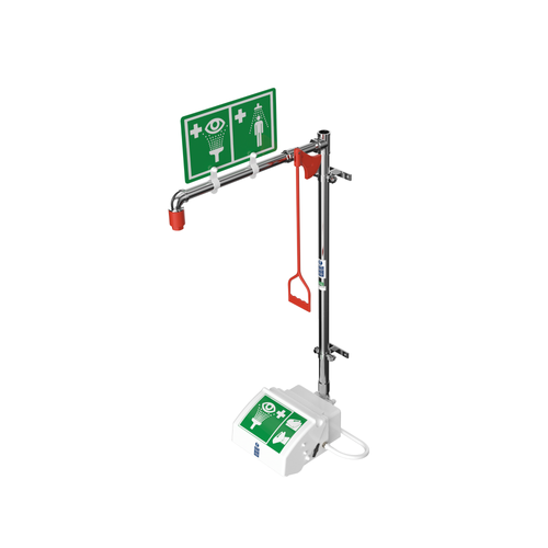 Justrite Hughes Wall-Mounted Emergency Safety Shower & Eyewash, Closed ABS Bowl, Stainless Steel Pipe