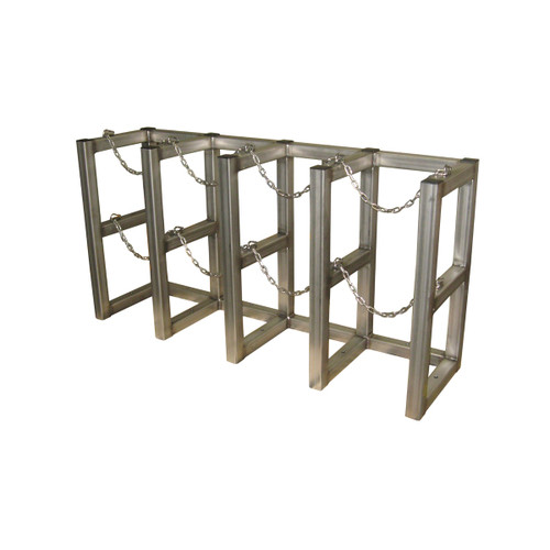 Justrite Steel Gas Cylinder Storage Rack, 4 Cylinder Capacity, 4 Wide x 1 Deep Configuration, Heavy-Duty Industrial Storage, made of durable steel with chains for secure gas cylinder organization.