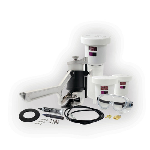 Justrite Aerosolv Mega 9000 Aerosol Can Disposal System, high-capacity puncturing and recycling unit for industrial aerosol can disposal with various parts and safety goggles included.