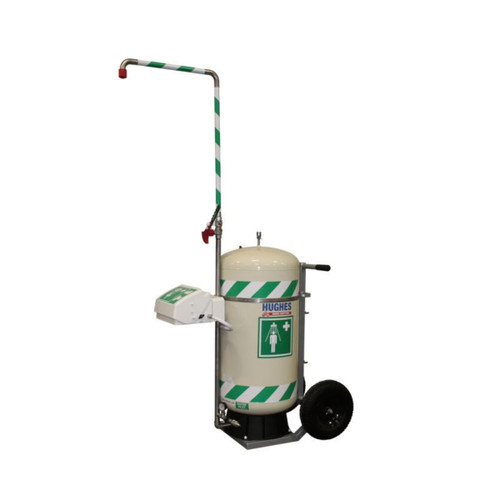 Justrite Hughes 30 Gallon Portable Self-Contained Emergency Safety Shower & Eyewash Station, Mobile Unit with Heated Insulated Blanket, featuring a white tank with green caution stripes, a shower head, a control box, and a red emergency valve on a wheeled frame.