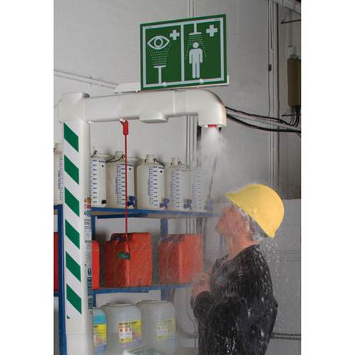 Justrite Hughes Freeze-Protected Emergency Drench Shower, Wall-Mount, Stainless Steel Pipe, 240V Heated, Industrial Safety Equipment