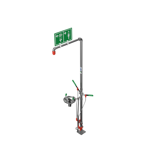 Justrite Hughes Self-Draining Combination Safety Shower & Eye/Face Wash, Floor-Mount, Stainless Steel, Corrosion-Resistant Industrial Emergency Equipment