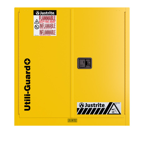 Justrite Utili-Guard+™ Flammable Safety Cabinet, 45 Gallon, Self-Close 2-Door with Attachments, 2 Shelves, Industrial Chemical Storage, Yellow Finish