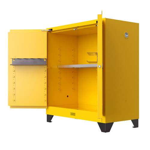 Justrite Utili-Guard+™ Flammable Safety Cabinet, 90 Gallon, Self-Close 2-Door with Attachments, 2 Shelves, Industrial Chemical Storage, Yellow Finish