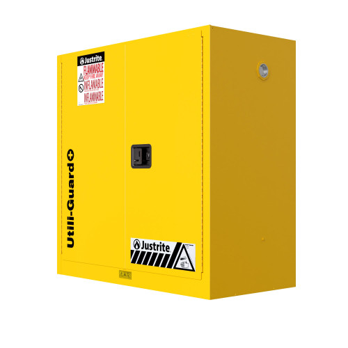 Justrite Utili-Guard+™ Flammable Safety Cabinet, 90 Gallon, Self-Close 2-Door with Attachments, 2 Shelves, Industrial Chemical Storage, Yellow Finish