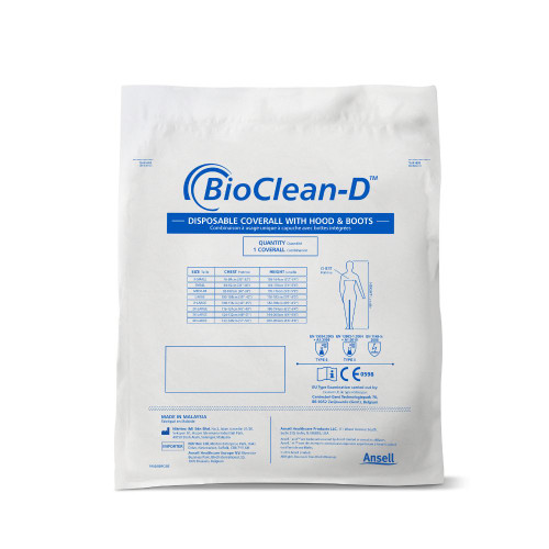 Ansell BioClean-D™ Sterile Coverall with Hood & Integrated Boots S-BDFC – White, Front Zipper, Cleanroom Protective Suit