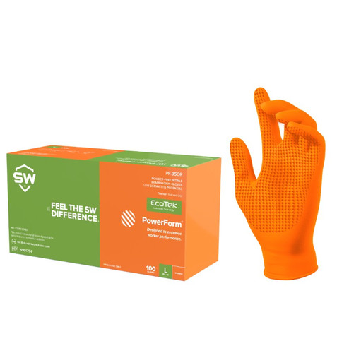 SW PowerForm PF-95OR Hi-Vis Orange Textured Nitrile Exam Gloves with TracTek, 5.9 mil, 9.5 inch, case/1000