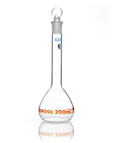 Borosil® Borosilicate Glass Flasks Volumetric Class A Wide Mouth, Clear Glass Stopper, 200 ml 19/26 Batch Certificate