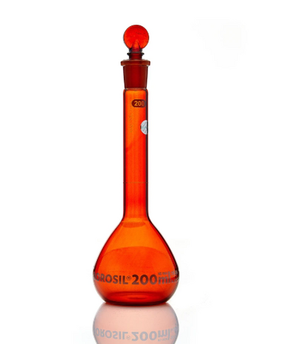 Borosil® Borosilicate Glass Flasks Volumetric Class A Wide Mouth, Amber Glass Stopper, 200 ml 19/26 Individual Certificate