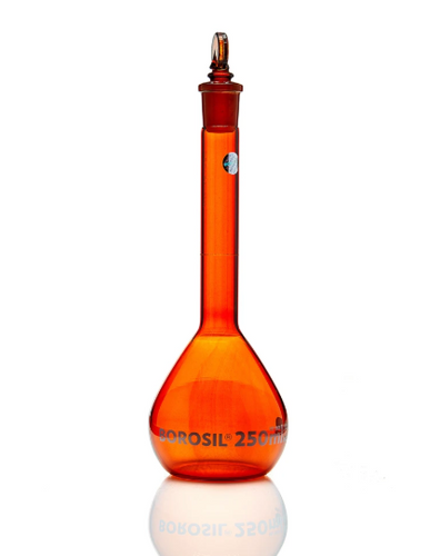 Borosil® Borosilicate Glass Flasks Volumetric Class A Wide Mouth, Amber Glass Stopper, 250 ml 19/26 Individual Certificate