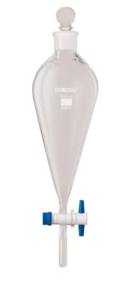 Borosil® Borosilicate Glass Separating Funnel Pear Shape PTFE Stopcock I/C, Glass stopper, 1000 ml