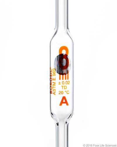 Borosil® Borosilicate Glass Volumetric Pipette, Class A 8 ml Batch Certificate