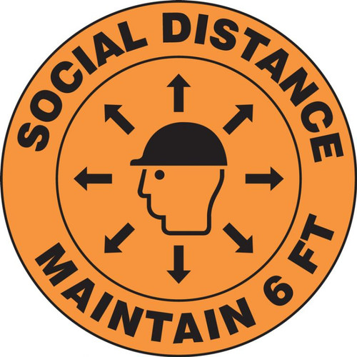 Hard Hat Sticker, Social Distance Maintain 6 FT with Hard Hat Head Symbol, Adhesive Vinyl, 10/PK