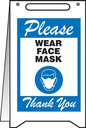 Fold-Ups Safety Sign, Please Wear Face Mask Thank You, 20" x 12", Blue