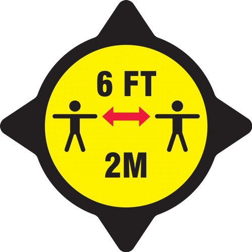 Safety Label, Stay 6 Feet Apart, Black and Yellow, Adhesive Vinyl Stickers, pack/5
