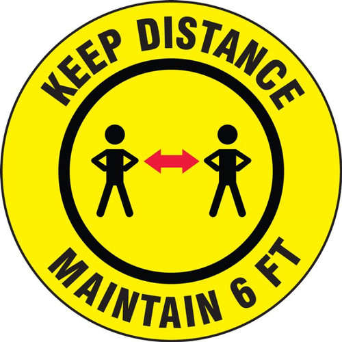 Safety Label, Keep Distance Maintain 6 FT, Adhesive Vinyl, pack/5