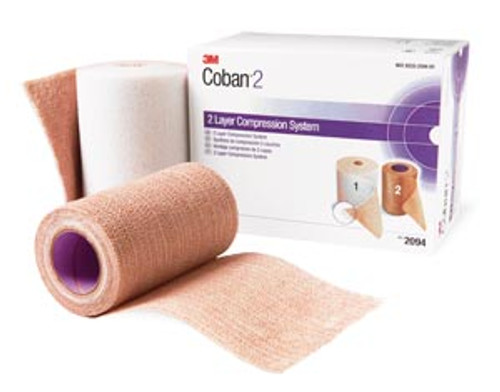 3M Compression System Includes: Roll 1 Comfort Layer 4" x 2.9 yds, Unstretched, Roll 2 Compression Layer 4" x 5.1 yds, Fully Stretched, 8 boxes per case