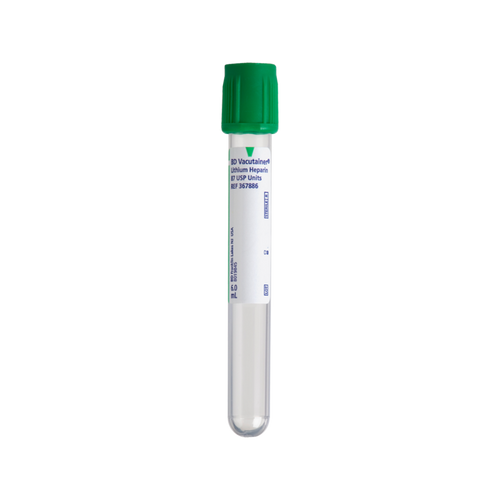 Plastic Tube, HemogardClosure, 13mm x 100mm, 6.0mL, Green, Paper Label, Lithium Heparin