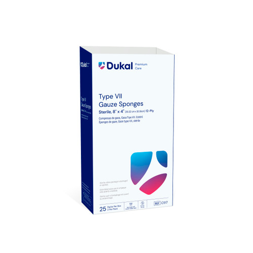 Gauze Sponge, Type VII, Sterile, 8" x 4", 12-Ply, 2 per pack, 25 packs per box, 20 boxes per case