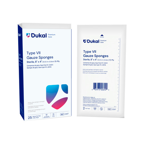 Gauze Sponge, Type VII, Sterile, 8" x 4", 12-Ply, 2 per pack, 25 packs per box, 20 boxes per case