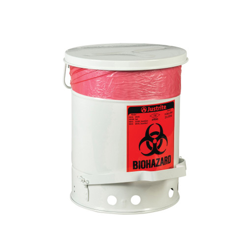 Biohazard Waste Can, 6 Gallon, Foot-Operated Self-Closing SoundGard Cover, White