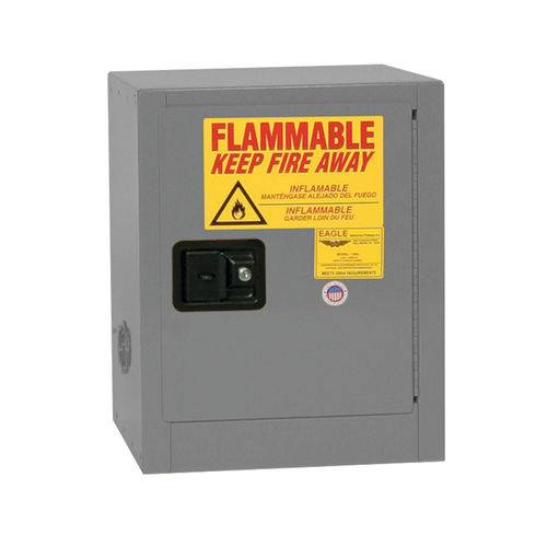 Bench Top Flammable Liquid Safety Cabinet, 4 Gallon, 1 Shelf, 1 Door, Self Close, Gray