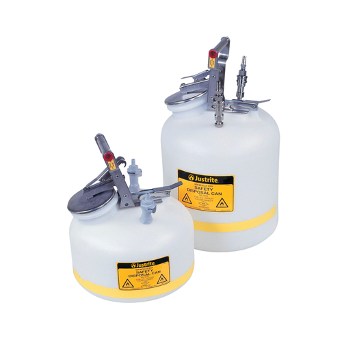 Quick-Disconnect Disposal Safety Can, Stainless Steel Fittings For 3/8" Tubing, 2 Gallon, Poly, White