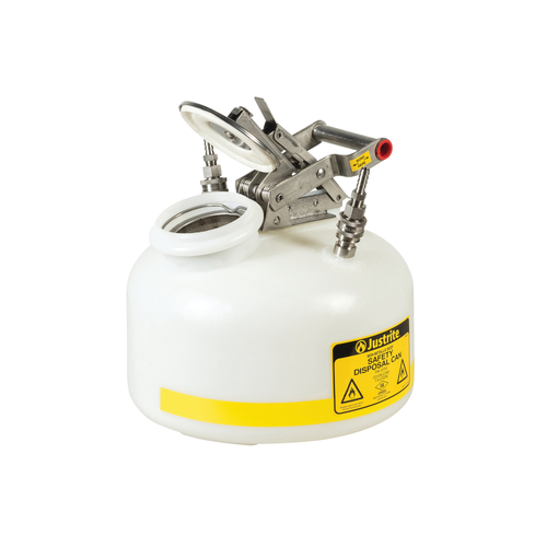 Quick-Disconnect Disposal Safety Can, Stainless Steel Fittings For 3/8" Tubing, 2 Gallon, Poly, White