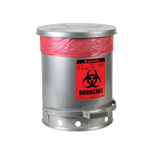 Biohazard Waste Can, 10 Gallon, Foot-Operated Self-Closing SoundGard Cover, Silver