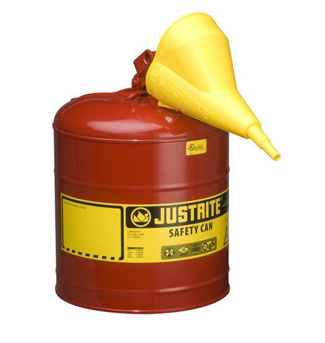 Justrite® Type I Steel Safety Can for flammables with Funnel, 5 gallon, Red