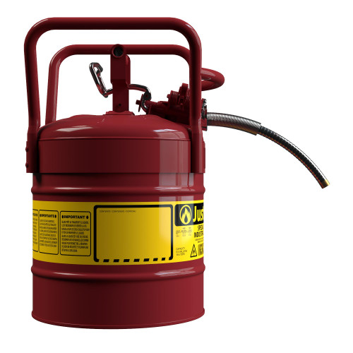 Justrite® Type II D.O.T. Steel Safety Can, AccuFlow, 5 gallon, 5/8" Spout, Roll Bars, Red