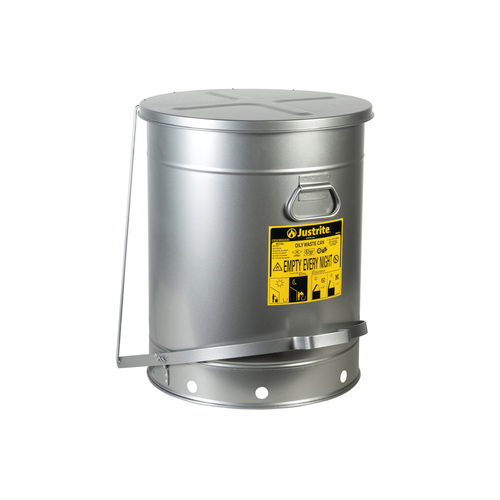 Oily Waste Can, 21 Gallon, Foot-Operated Self-Closing SoundGard Cover, Silver