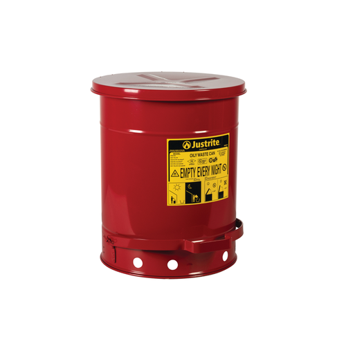 Oily Waste Can, 10 Gallon, Foot-Operated Self-Closing SoundGard Cover, Red