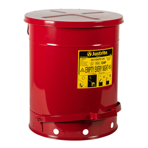 Oily Waste Can, 14 Gallon, Foot-Operated Self-Closing SoundGard Cover, Red