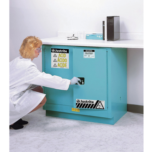 Justrite® Under-Counter Acid Cabinet, 22 gal, ChemCor Liner Blue self-closing