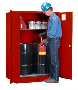 Justrite® Flammable Cabinet with rollers for (2) 30 gal drums, Red self-closing