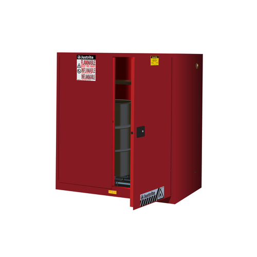 Justrite® Flammable Cabinet with rollers for (2) 30 gal drums, Red self-closing