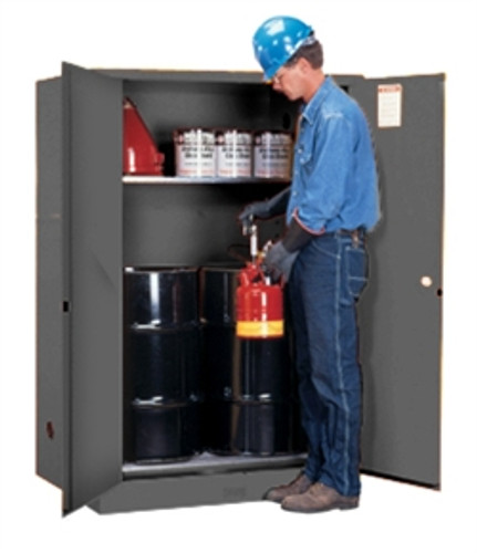 Justrite® Flammable Cabinet with rollers for (2) 30 gal drums, Gray self-closing