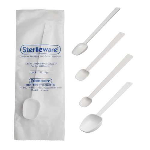 Bel-Art Sterile Sample Spoon, White Long Handle, 1/4 tsp, pack/10