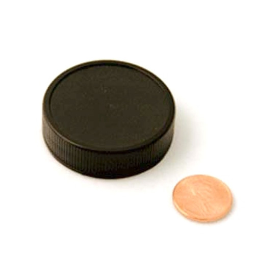 Product image of a 43mm (43-400) Black PP Heat Seal Lined Ribbed Cap (PKW-C043C4RPHSB). This cap is designed for sealing purposes, with a heat seal lining for added security