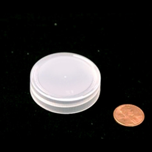 Product image of a 43mm (43-400) Natural PP Pressure Sensitive Lined Ribbed Cap (PKW-C043C4RPPSN). This cap is intended for sealing containers and includes a pressure-sensitive lining for reliable closures