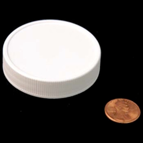 Product image of a 53mm (53-400) White PP Heat Seal Lined Ribbed Cap (PKW-C053C4RPHSW). This cap is designed for sealing containers and features a ribbed texture and a heat seal lining for secure closures.