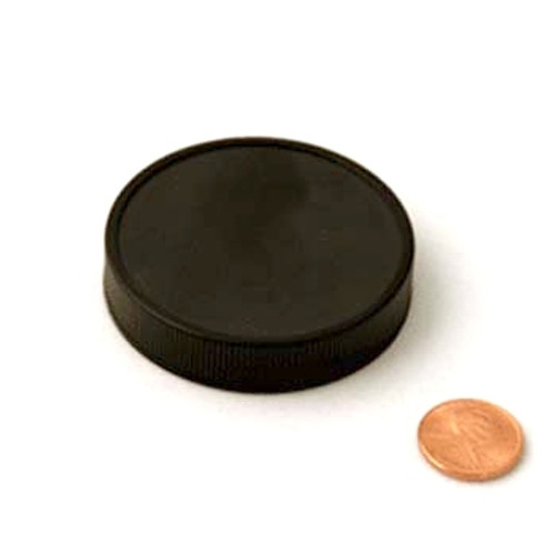 Product image of a 58mm (58-400) Black PP Pressure Sensitive Lined Ribbed Cap (PKW-C058C4RPPSB). This cap is intended for sealing containers and features a pressure-sensitive lining for secure closures.